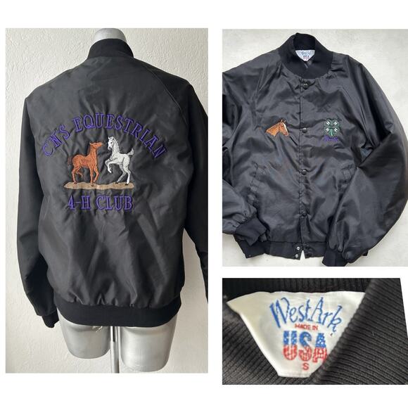 VINTAGE WEST ARK USA BOMBER JACKET NYLON BLACK SMALL HORSE EMBROIDERY - Picture 1 of 16
